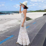 Plataz Beach Dress Seaside Resort Dress Skinny Fishtail Dress Sexy Bare Back Sling Lace Dress