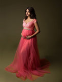 Plataz Women's Short-Sleeved Lace Splicing Mesh Pregnant Woman'stail Dress Photo Dress 1223 Maternity