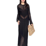 Plataz Women's Autumn Round-Collar Knitted Long Dress High-Waisted Waist-Coated Dress