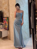 Plataz Mermaid Spaghetti Straps Blue Sequin Prom Dresses Birthday Outfits With Ruffle SD1139 HZ0628