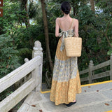 Plataz Summer Dress New Seaside Holiday Wind Loose Sling V Tie Print Splicing Dress Dress Waist And Ankle