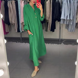 Plataz Summer New Fashion Collar Solid Color Comfortable Long-Sleeved Loose Dress