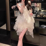 Plataz 2025 White Feathers Hollow V-Necked Dress 9009