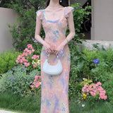 Plataz Oil Painting Pink Dress Women's New Summer Temperament To Collect Waist Thin Sling Skirt Holiday Long Broken Floral Dress HZ0628