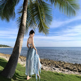 Plataz Holiday Wind Hanging Dress Female Summer Sexy Seaside Photo Irregularly Exposed Lotus Leaf Side Dress