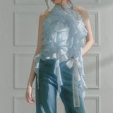 Plataz 2025 Spring And Summer Ice Blue Wave Ribbon Lace Strapped Clothes