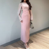Plataz Women's Autumn Round-Neck Long Sleeve Splicing Long Skirts To Repair Height Waist Skirt Women