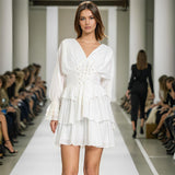 Plataz Elegant Fashion Women's Clothing Spring 2025 New V-Shaped Collar Horn Long Sleeve High-Waisted Belt Short Skirt