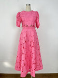 Plataz Spring And Summer Embroidery Hollow Round Horn Short Top + Holiday Water-Soluble Lace Skirt Dress Suit