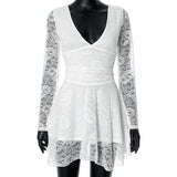 Plataz Women's Clothing V-Neck Dew Back Lace Fabric Splicing Elegant Short Skirt DJPT
