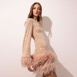 Plataz New Women's Waist Sexy Dress Dress With Long Sleeves And Feathers