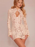 Plataz Sister Pure Desire To Sexy V-Neck Hollow Lace Long-Sleeved Mini Short Dress Women Autumn And Winter Harvest Thin-Butbum Dress