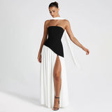 Plataz Women's Black And White Bumping Round Neck Irregular Opening Dress DJPT