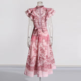 Plataz Bohemian Wind 2025 Spring New Neckline With Flying Sleeves To Close The Waist Print Medium Long Skirt Dress