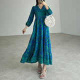 Plataz Women's Autumn New V-Necked Lantern Sleeve Print High-Waist Retro Long Dress