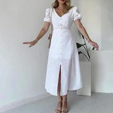 Plataz Women's Summer French V-Neck Bubble Bubble Sleeve High Waist Open Temperament With Long Dress