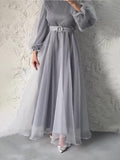 Plataz Spring 2024 New Half-High Neckernet Yarn Elegant Thin Lantern Sleeve Dress Woman