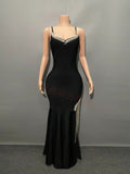 Plataz Hot Sling V-Neck Nail Drill Women's Dress High Open Chain Espootail Banded Evening Dress