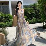 Plataz Retro Oil Painting Smashed Flowers To Take The Sling Dress To The Waist Dress Seaside Holiday Showback Beach Dress Woman