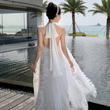 Plataz Bride's Morning Robe Hanging Neck Light Wedding Dress Wedding Dress Wedding Dress Bridesmaid White Bare Back Dress