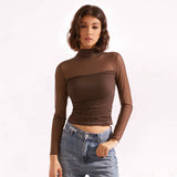 Plataz Women's High-Collar Mesh Splicing Long Sleeve Sexy Perspective Short Top DJPT