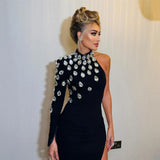 Plataz Design Sense One-Shoulder Long-Sleeved Banded Skirt Light Luxury Water Drill Sexy Open Party Dress Dress Dress