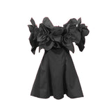 Plataz Evening Dress Three-Dimensional Flowers Spliced A Word Shoulder Skirt 2025 New Women's Summer Waist Solid Color Dress Women