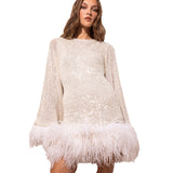 Plataz New Women's Waist Sexy Dress Dress With Long Sleeves And Feathers