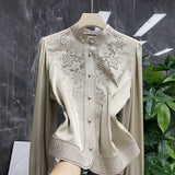 Plataz Silk Embroidery Shirt Women 2025 Early Spring New Court Style Collar Hollow Shirt Lady Temperament Elegant DJPT
