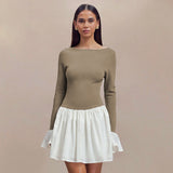 Plataz Women's Clothing Hit The Word Collar Horn Long-Sleeved Lotus Leaf Short Skirt DJPT
