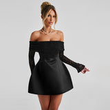 Plataz Autumn 2025 New Ass Skirt Small Fragrant Temperament Sexy Shoulder Lace Dress DJPT