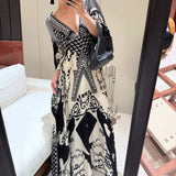 Plataz New Elegant V-Neck Print Blouse Dress