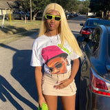 Plataz Basic Round-Neck Portrait Print Short-Sleeved T-Shirt Girl Summer Bhuff Loose Casual Top DJPT