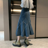 Plataz Broced # Spring And Summer Fishtail Skirt Design Sense A Word Loose Medium Long Skirt High-Waisted Denim Skirt Thin Cover Across The Skirt Girl DJPT