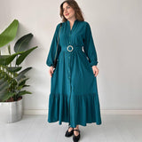 Plataz 2025 New Solid Color POLO Collar Long Sleeve Multi-Button Belt Dress