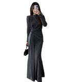 Plataz Sexy Fashion Round Collar Folds To The Waist To Repair The Solid Color Temperament Dress