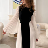 Plataz Women's New Round-Neck Loose Long-Sleeved Elegant Black And White Folded Dress HZ0628