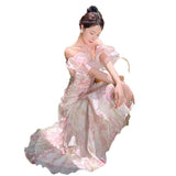 Plataz Bubble Sleeve Chiffon Flower Hanging Dress Women Summer Seaside Holiday Super Fairy Long Dress