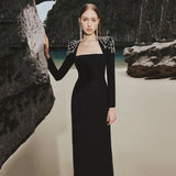 Plataz Temperament Square Collared Diamond With Long Sleeve Banded Dress Dress For Party Dinner