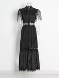 Plataz Black Rose Lace Stitched 2025 New Women's Summer Collar Short-Sleeved Long Solid Dress