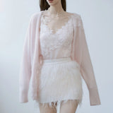 Plataz 2024 New Lace Embroidered Cardigan Vest Feather Dress Tender Gentle Romantic Three-Piece Set