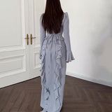 Plataz Summer New Splicing Lace Solid-Colored Collar Repair Horn Sleeve Long Skirt