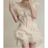 Plataz Niche French Lotus-Side Fairy-Style Fascles Languid Languie Shoulder Irregular Dress