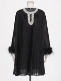 Plataz Court Niche Design Mid-Term 2025 New Diamond-Coated Collar Hollow Long-Sleeved Ostrich Wool Dress