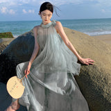 Plataz New Temperament Hanging Neck Dye Chiffon Skirt Fake Two Holiday Dress Summer