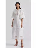 Plataz Australian Round Neck Lantern Sleeve Short Sleeve Water-Soluble Lace Splicing Holiday Style Temperament White Dress Dress