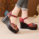 Plataz Real Leather National Style Print Ultra-High With Idyllic Wind Thick Bottom Retro College Style Buckle Sandals High Quality Shoes