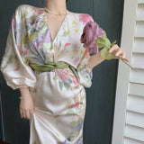 Plataz New French Waist-Covered Stamped Temperament Dress Long Sleeve V-Neck Spring Dress Women's Holiday Oil Painting Long Dress