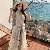 Plataz Holiday Style V-Neck Hanging Neck Top Skirt Half Dress Two Sets Of Women's Summer Beach Beach Skirt