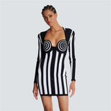 Plataz Stylish Black-And-White Striped Long-Sleeved Bag With A Bandage Dress With Elegant Party Dress